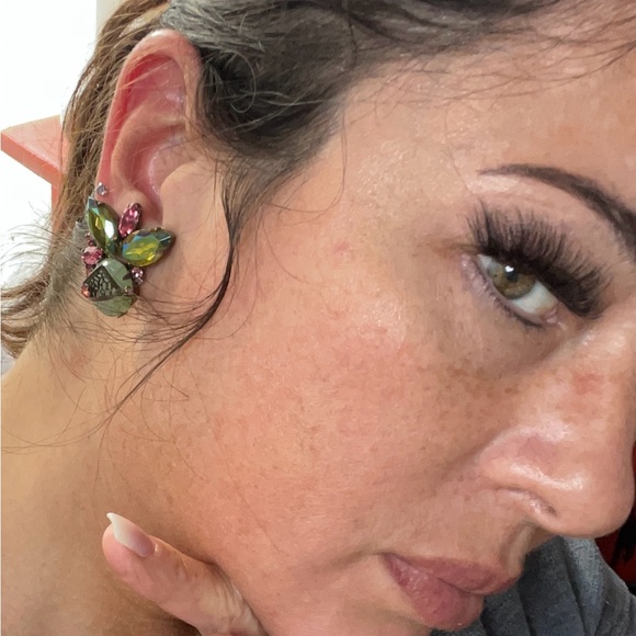 Vintage Alice Caviness Lava Rock Art Glass AB Rhinestone Clip On Earrings - Picture 10 of 10